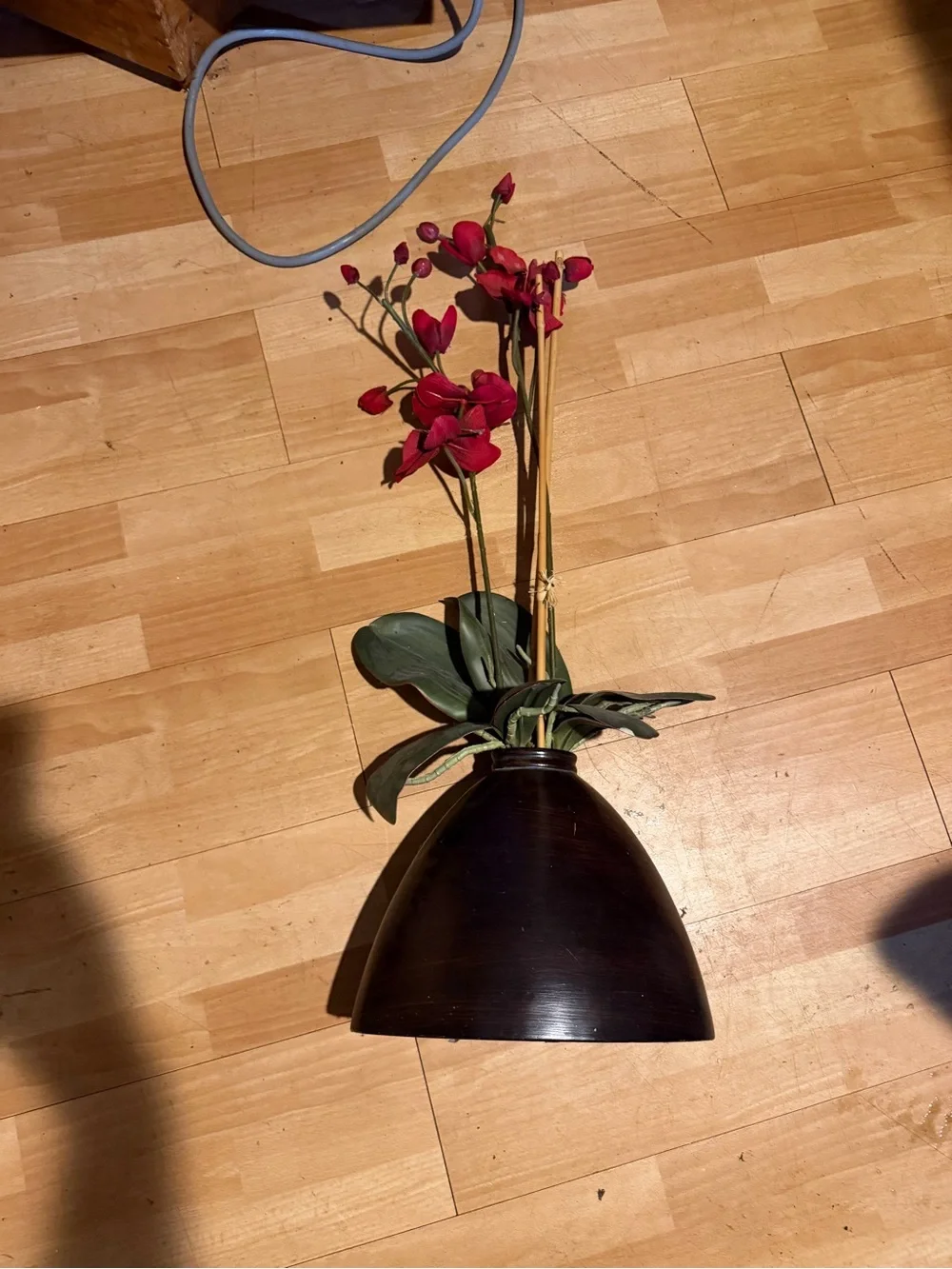 Red Orchid Stem Arrangement in Dark Brown Vase artificial vase plant home decor